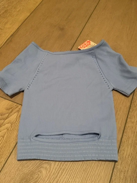 FP Movement by Free People Light Blue Ribbed Off-Shoulder Crop Top - Picture 2 of 3